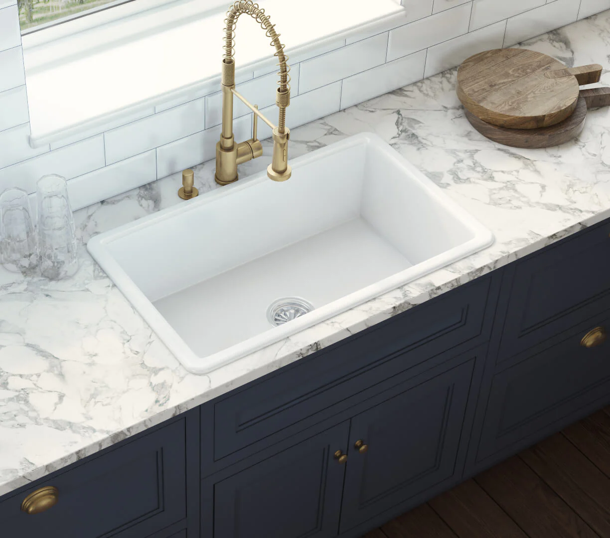 27 x 19" White Fireclay Dual Mount Single Bowl Kitchen Sink with Grid and Strainer, FC-2719-S - Image 3