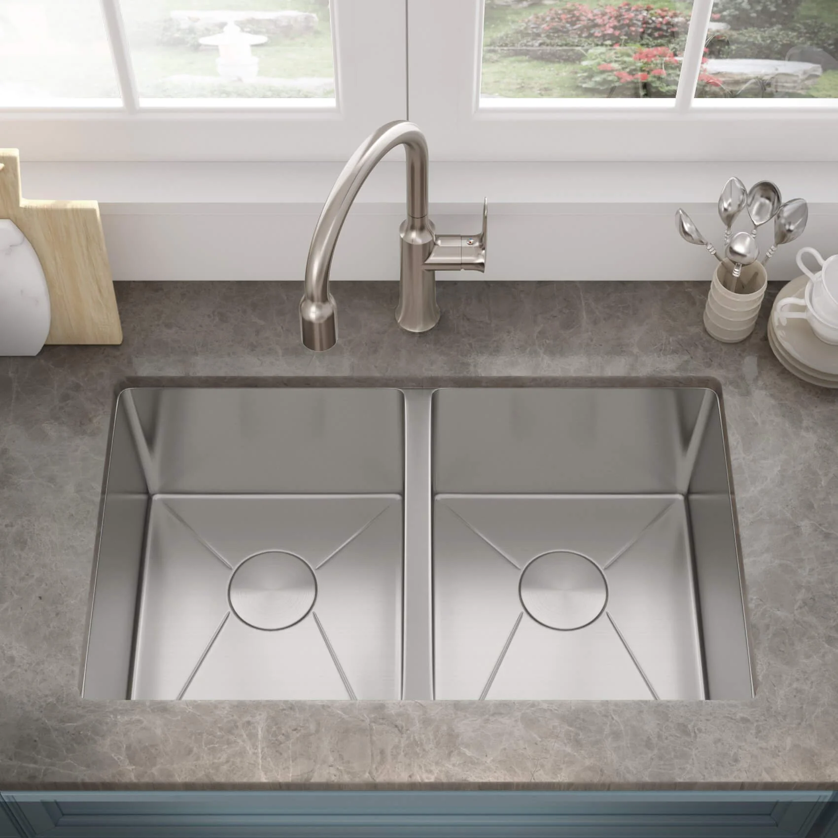 31" Undermount Double Bowl Stainless Steel ADA Kitchen Sink, ADA-KH-3118-D-R15 - Image 3