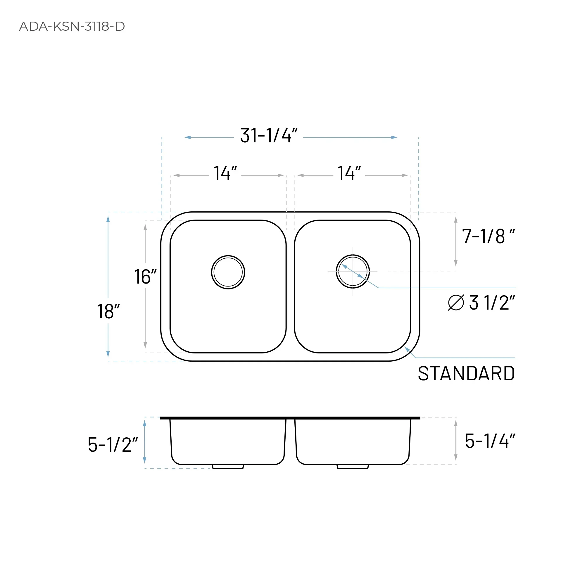 31" ADA-Compliant Undermount Double Bowl Stainless Steel Kitchen Sink, ADA-KSN-3118-D - Image 7