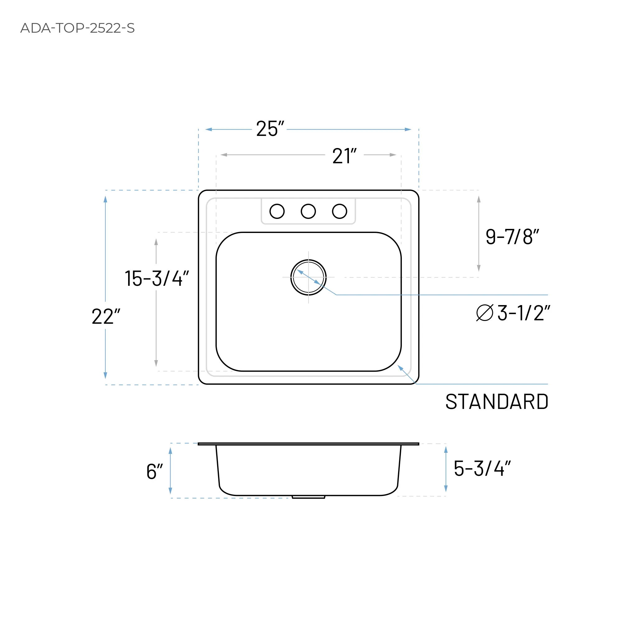 25" Top Mount Stainless Steel 3-Hole Single Bowl ADA Kitchen Sink, ADA-TOP-2522-S - Image 5
