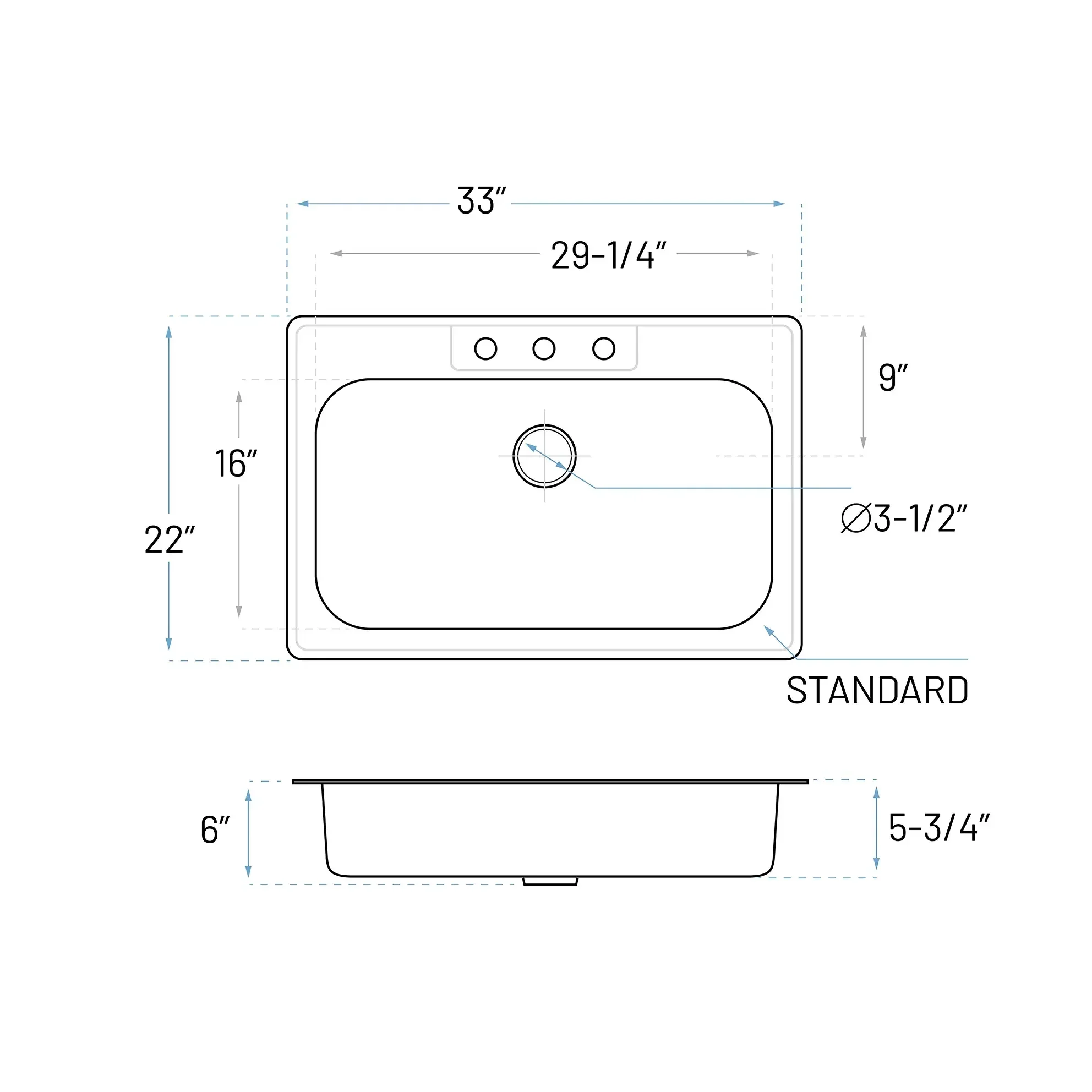 33" Top Mount Stainless Steel 3-Hole Single Bowl ADA Kitchen Sink, ADA-TOP-3322-S - Image 5