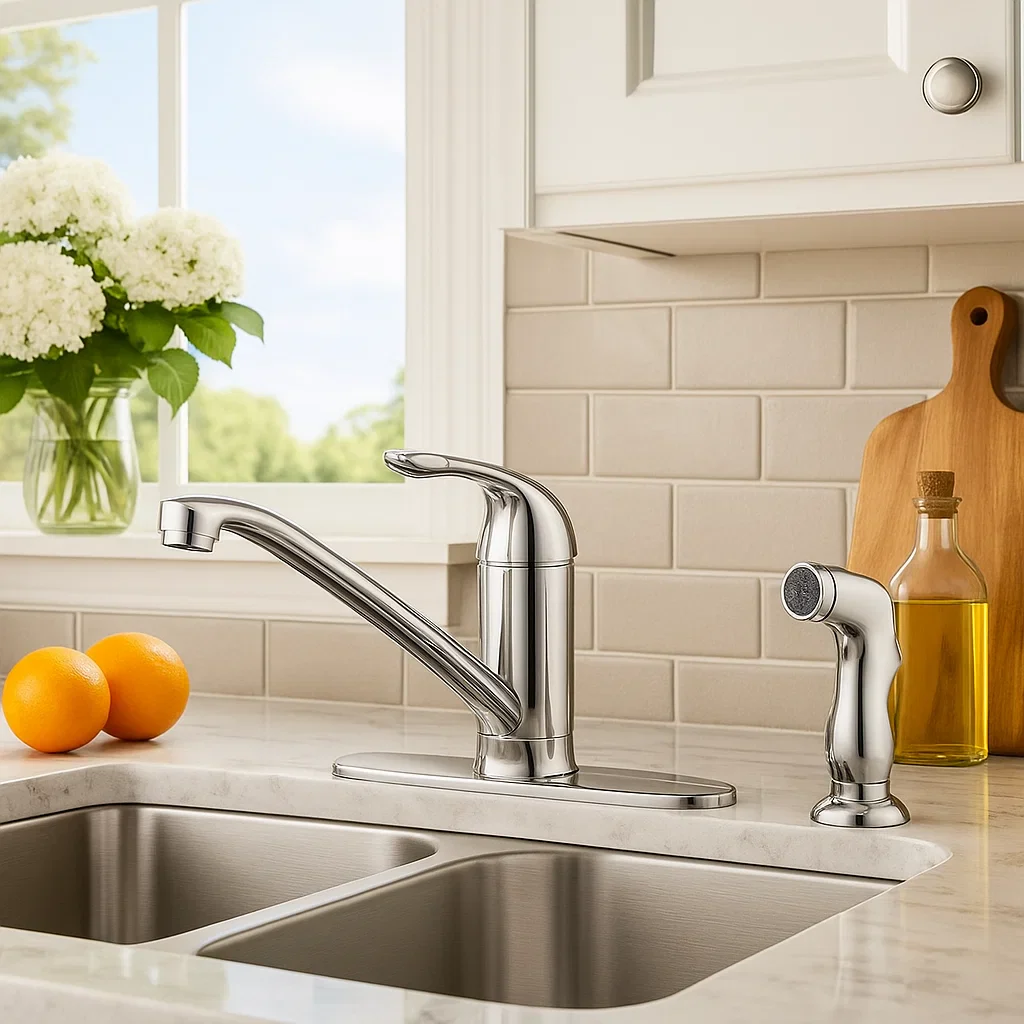 Single Handle Low Arc Deck Mounted Kitchen Faucet with Side Sprayer in Chrome, B-101-C - Image 3