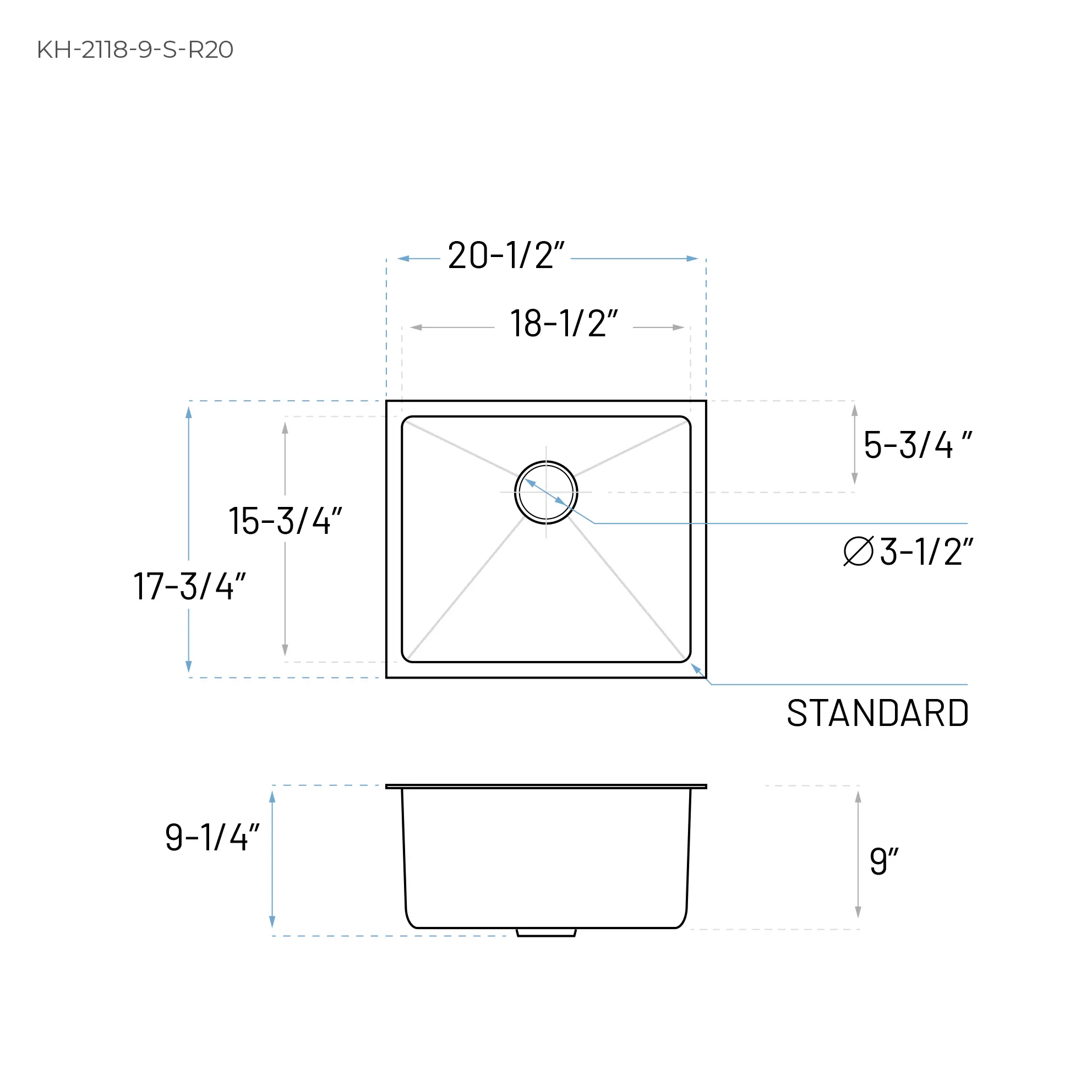 21" Compact Undermount Stainless Steel Single Bowl Kitchen Sink, KH-2118-9-S-R20 - Image 6