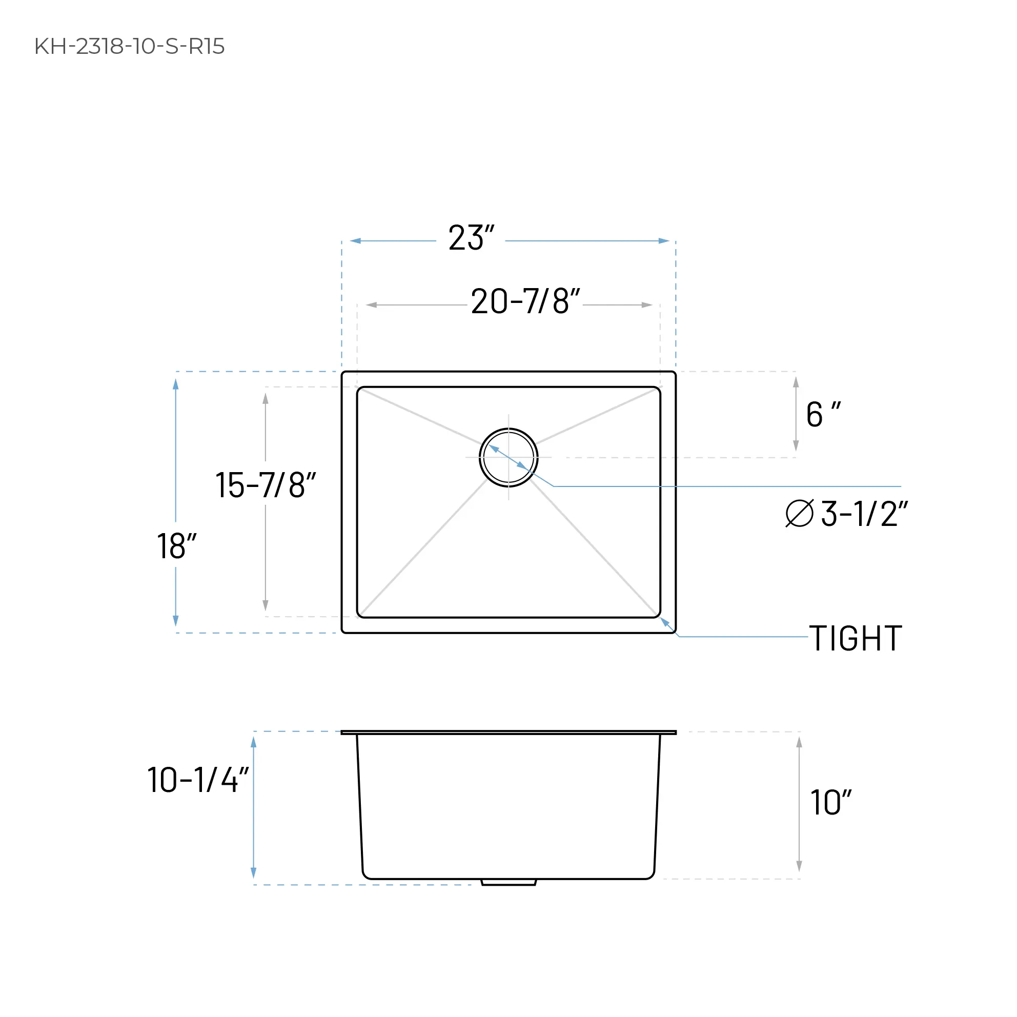23" Undermount Stainless Steel Deep Single Bowl Kitchen Sink, KH-2318-10-S-R15 - Image 6