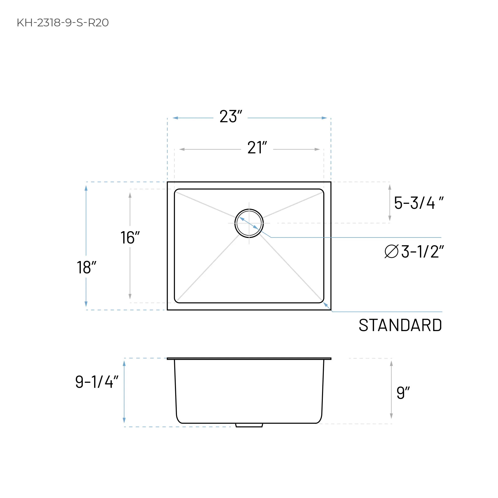 23" Small Steel Undermount Stainless Single Bowl Kitchen Sink, KH-2318-9-S-R20 - Image 5