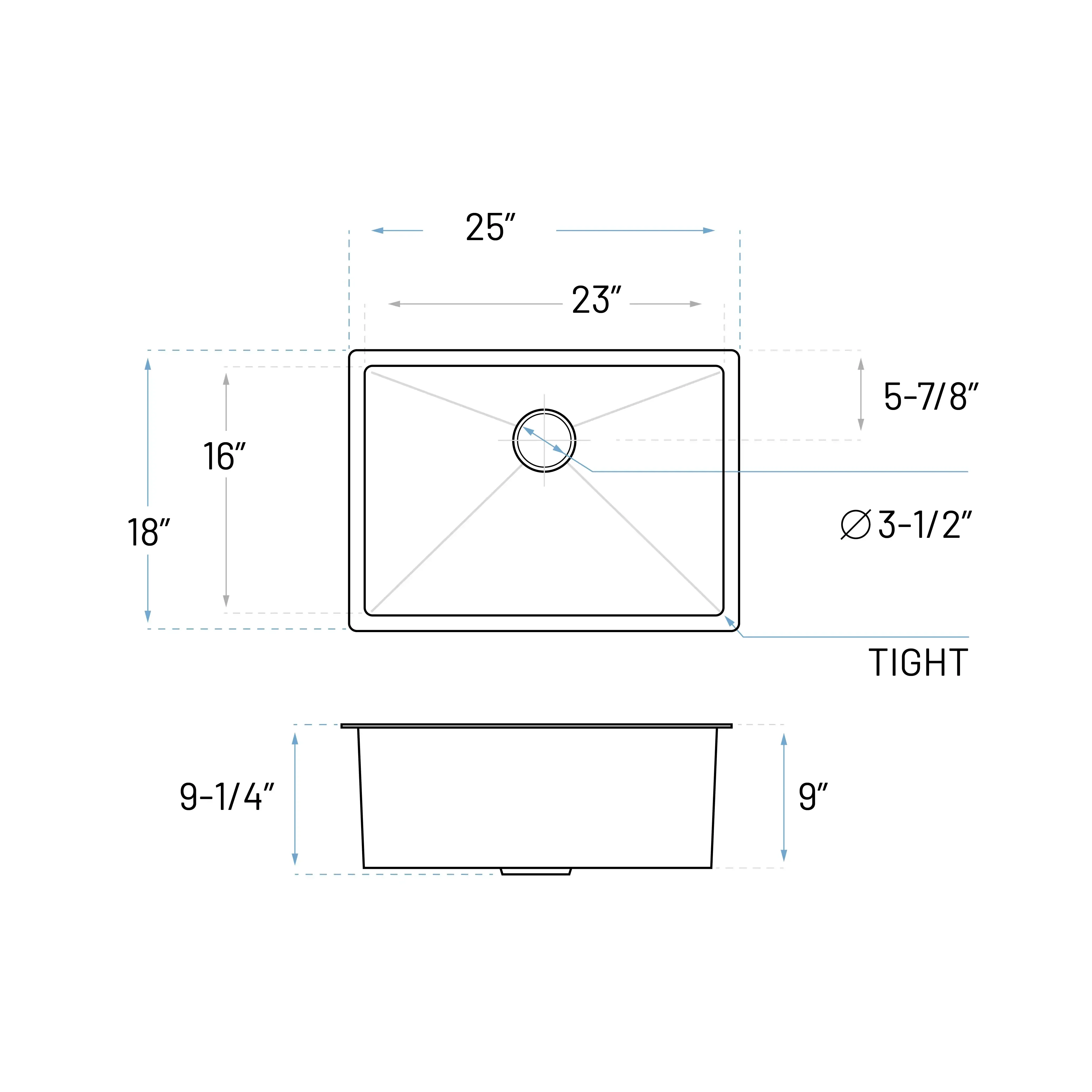 25" Medium Undermount Stainless Steel Single Bowl Kitchen Sink, KH-2518-9-S-R20 - Image 5