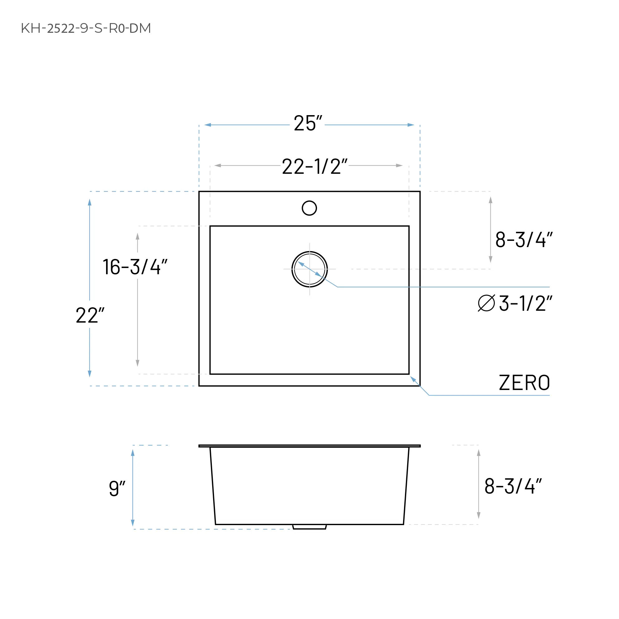 25" Dual-Mount Stainless Steel 1-Hole Single Bowl Kitchen Sink, KH-2522-9-S-R0-DM - Image 4