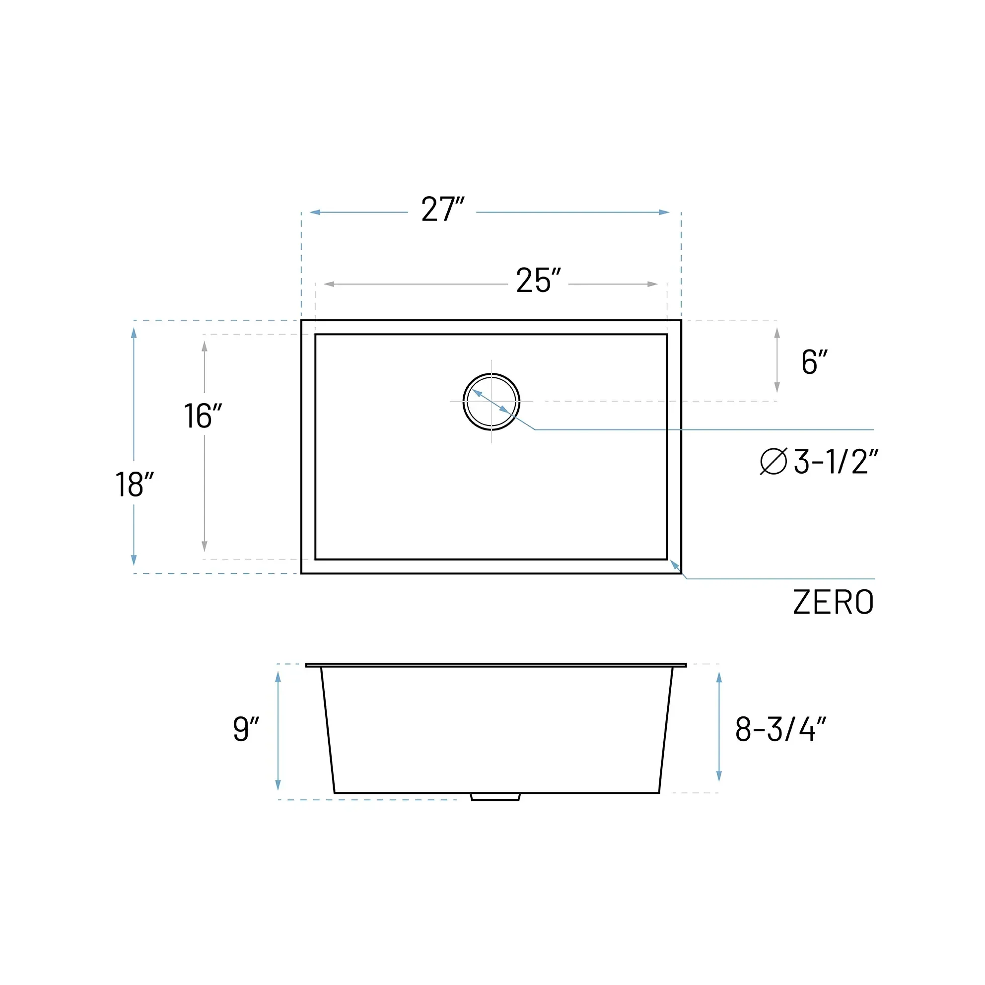 27" Standard Zero Radius Undermount Stainless Steel Single Bowl Kitchen Sink, KH-2718-9-S-R0 - Image 6