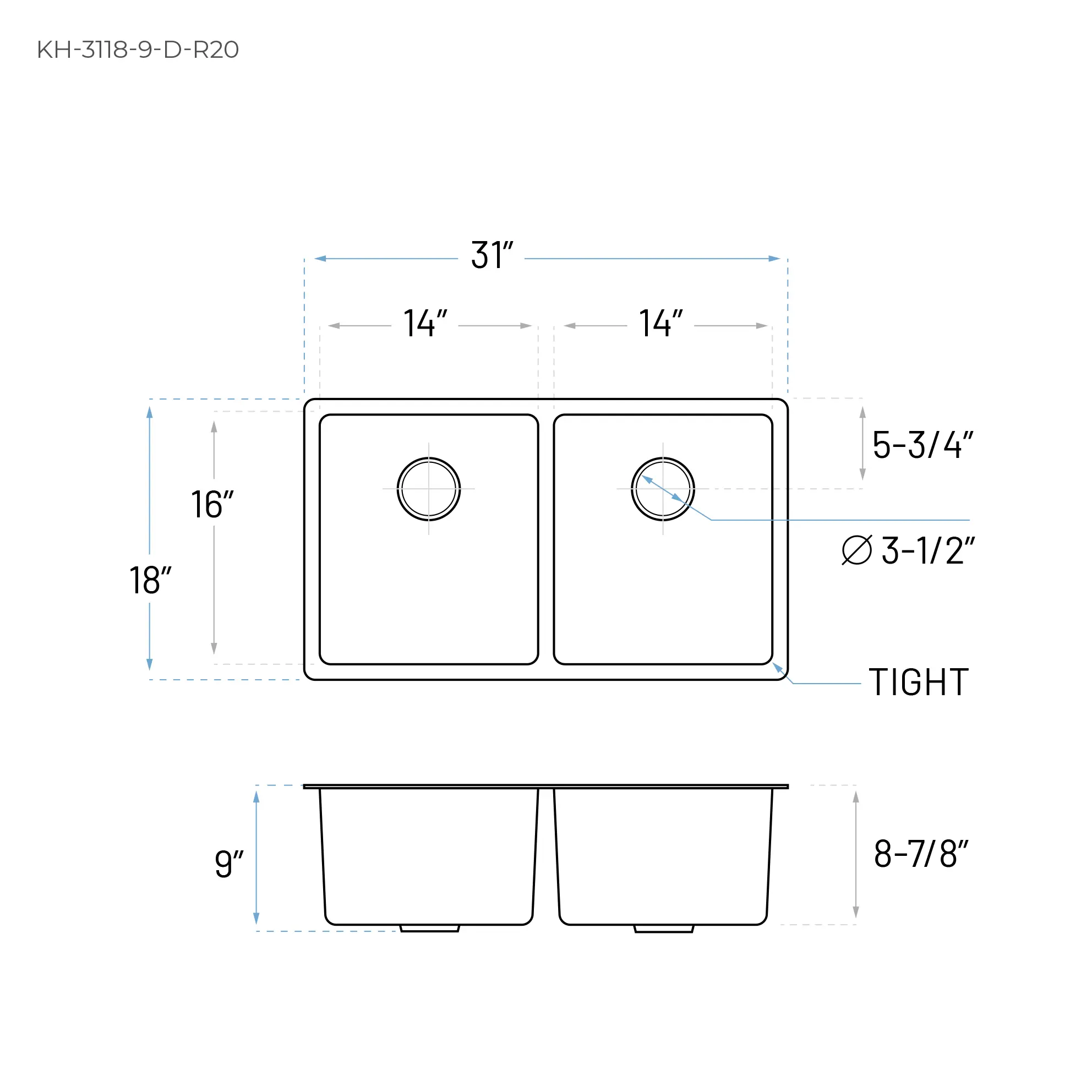 31" Large Double Bowl Undermount Stainless Steel Kitchen Sink, KH-3118-9-D-R20 - Image 5