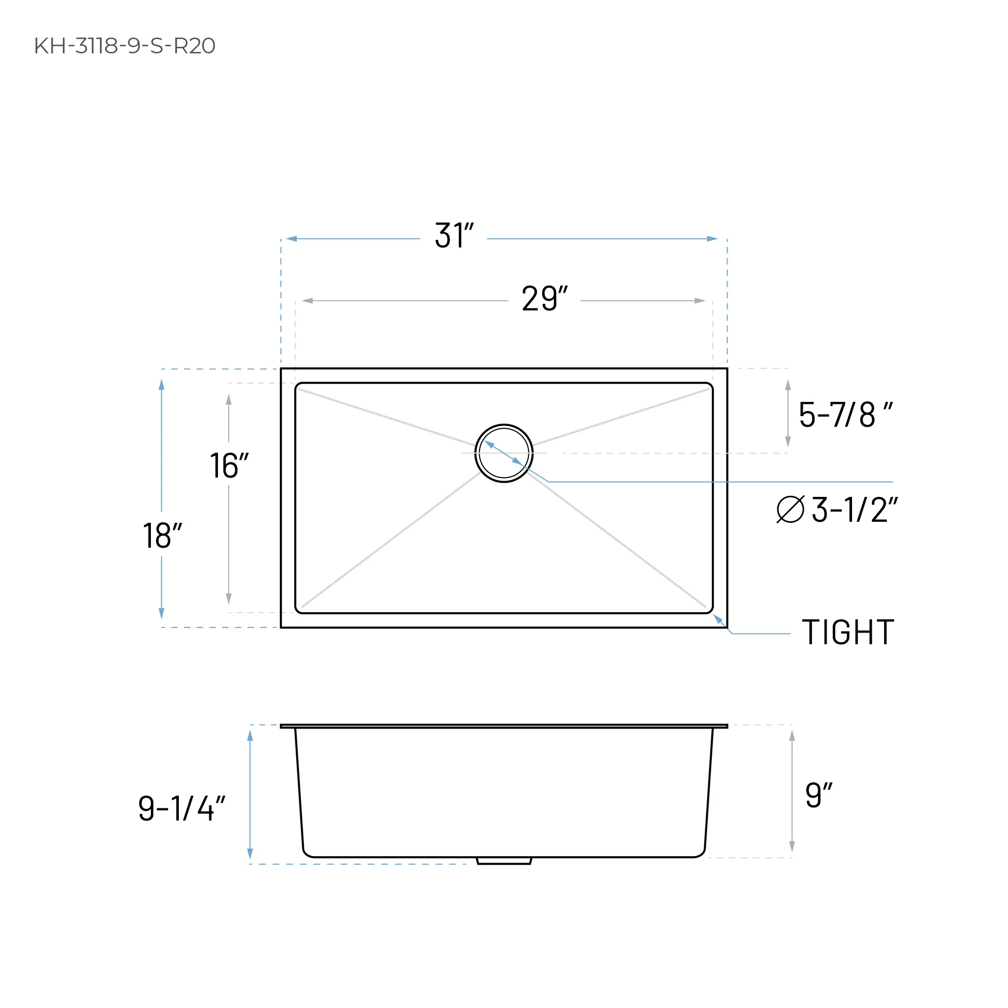 31" Extra-Large Undermount Stainless Steel Single Bowl Kitchen Sink, KH-3118-9-S-R20 - Image 4