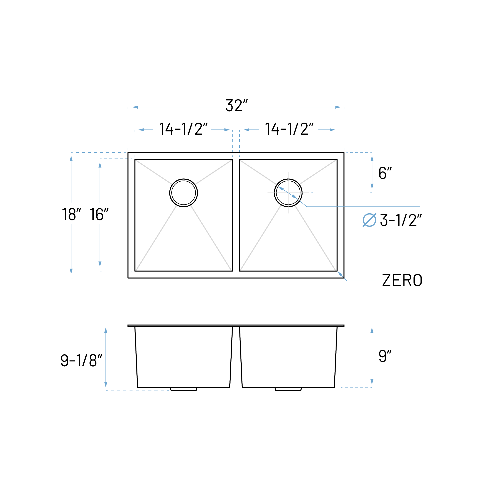 32" Large Zero Radius Undermount Double Bowl Stainless Steel Kitchen Sink, KH-3218-9-D-R0 - Image 8