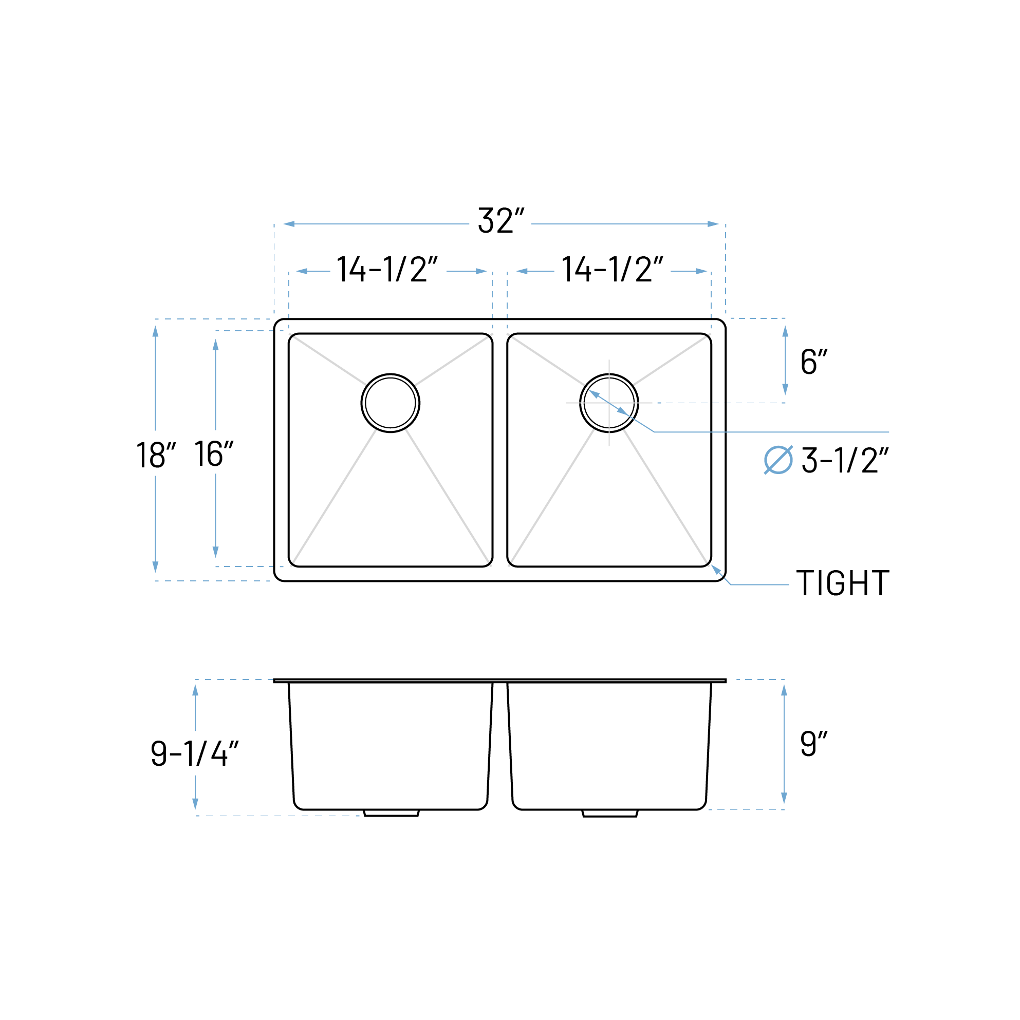 32" Extra Large Undermount Double Bowl Stainless Steel Kitchen Sink, KH-3218-9-D-R20 - Image 5