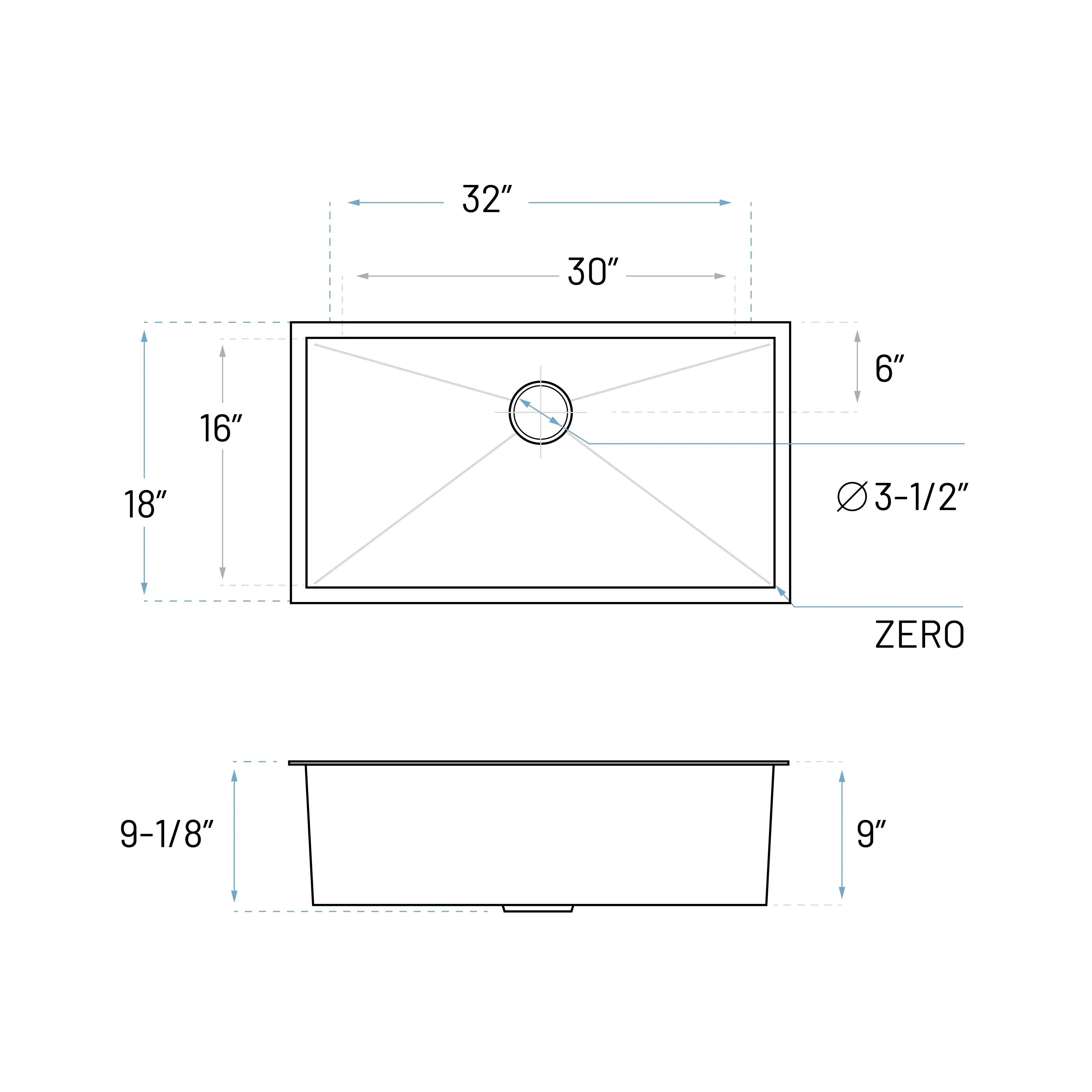 32" Extra-Large Zero Radius Undermount Stainless Steel Single Bowl Kitchen Sink, KH-3218-9-S-R0 - Image 7