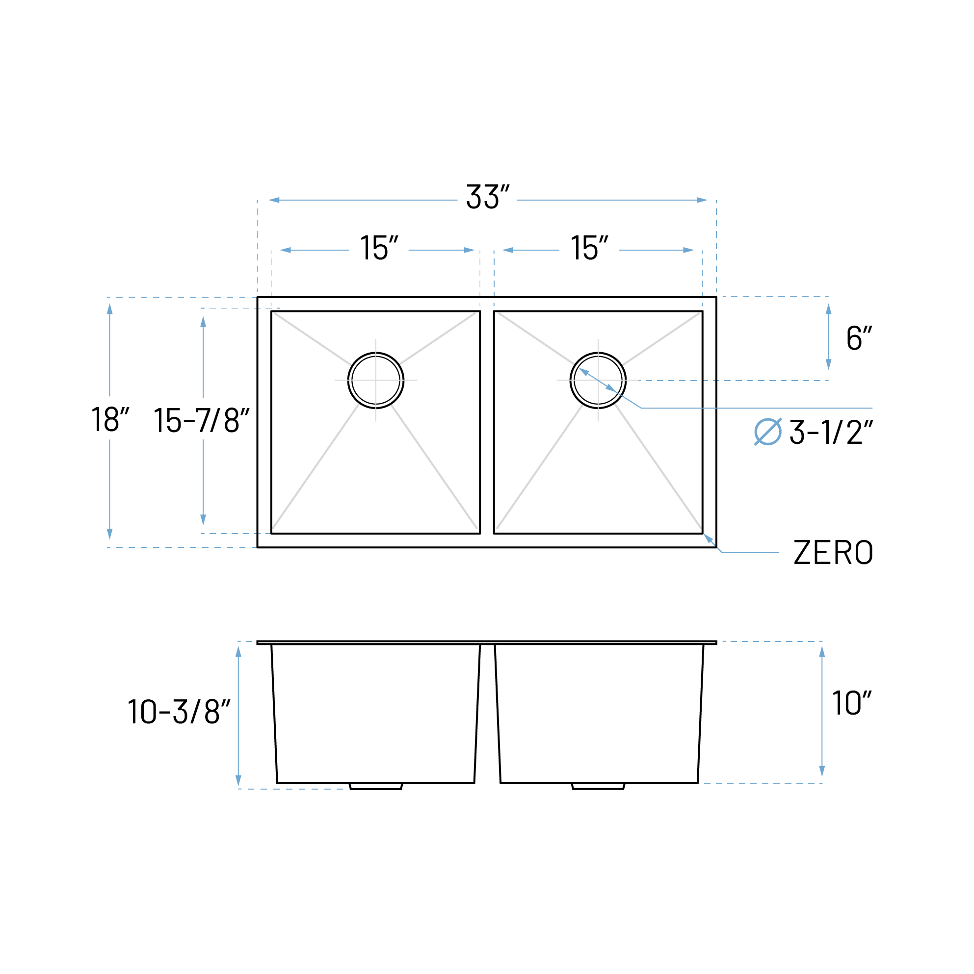 33" Zero Radius Undermount Stainless Steel Double Bowl Kitchen Sink, KH-3318-10-D-R0 - Image 5