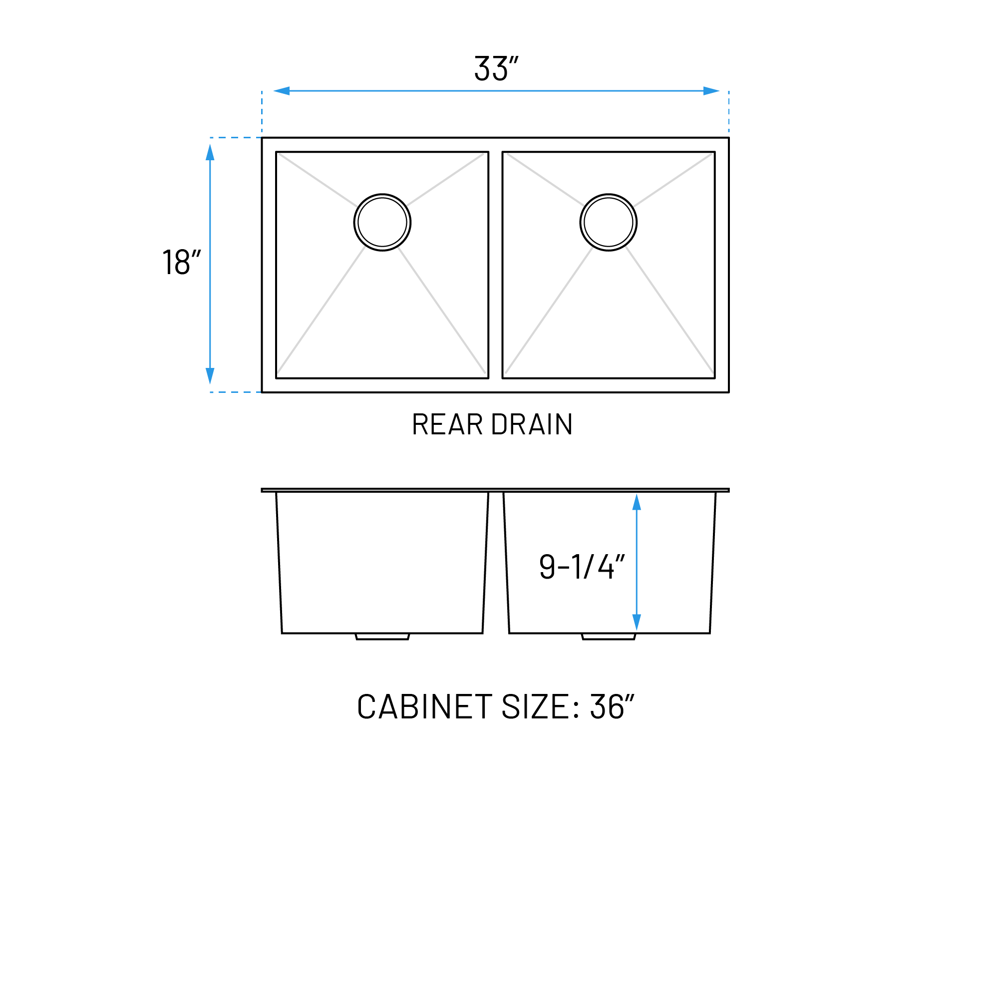 33" Extra Large Zero Radius Undermount Double Bowl Stainless Steel Kitchen Sink, KH-3318-9-D-R0 - Image 2