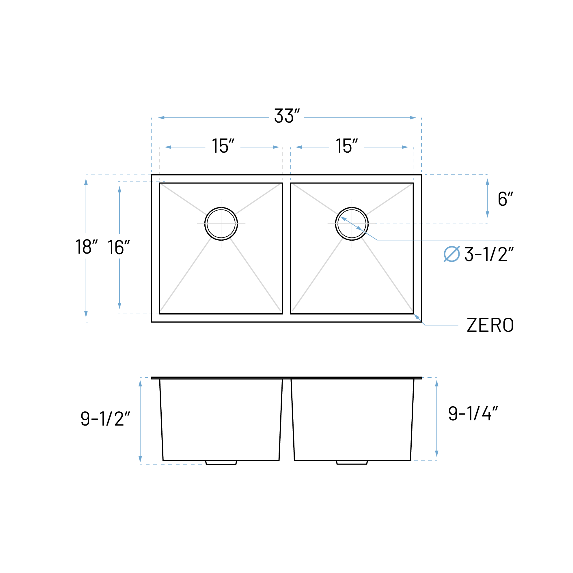 33" Extra Large Zero Radius Undermount Double Bowl Stainless Steel Kitchen Sink, KH-3318-9-D-R0 - Image 7