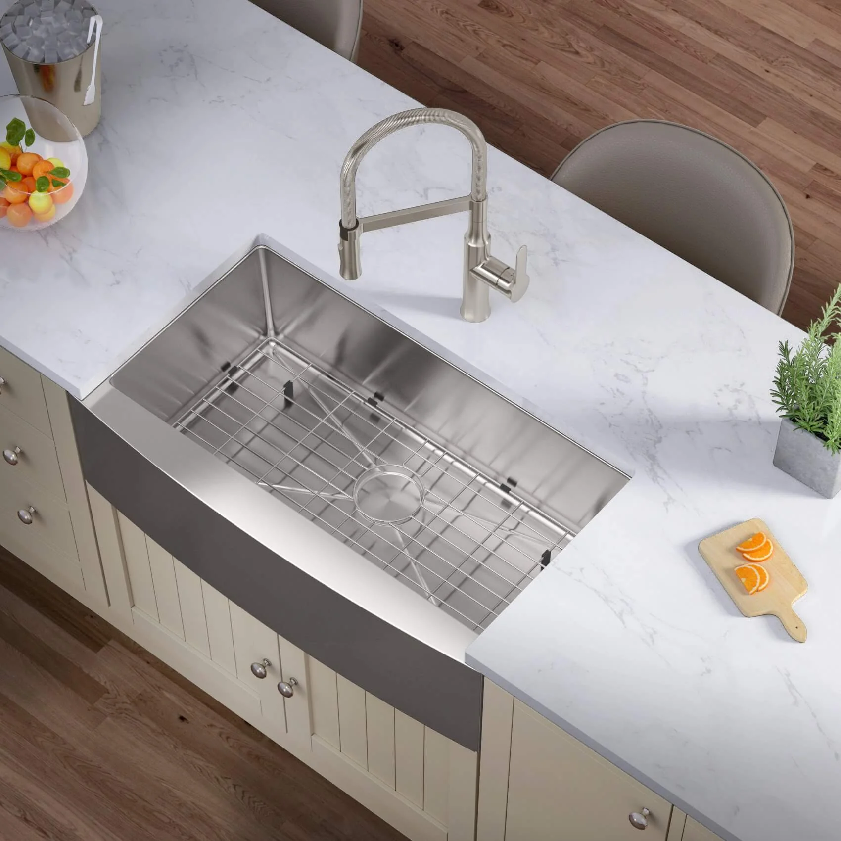33" Tight Radius Farmhouse Apron Front Stainless Steel Single Bowl Kitchen Sink, KH-3321-10-S-R15-F - Image 3