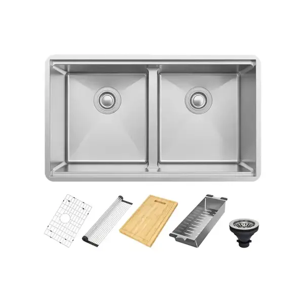 33" Workstation Double Bowl Undermount Kitchen Sink with Accessories, KHWS-3318-10-D-R15