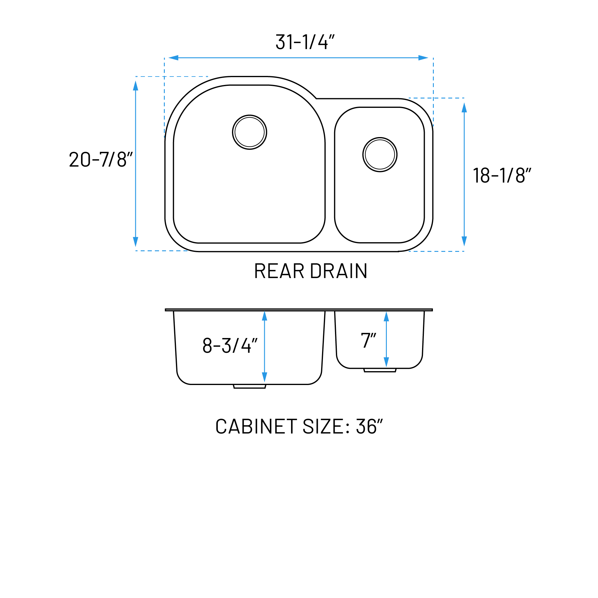 31" Undermount 70/30 Offset Double Bowl Stainless Steel Kitchen Sink, KSN-2131-9-D - Image 2