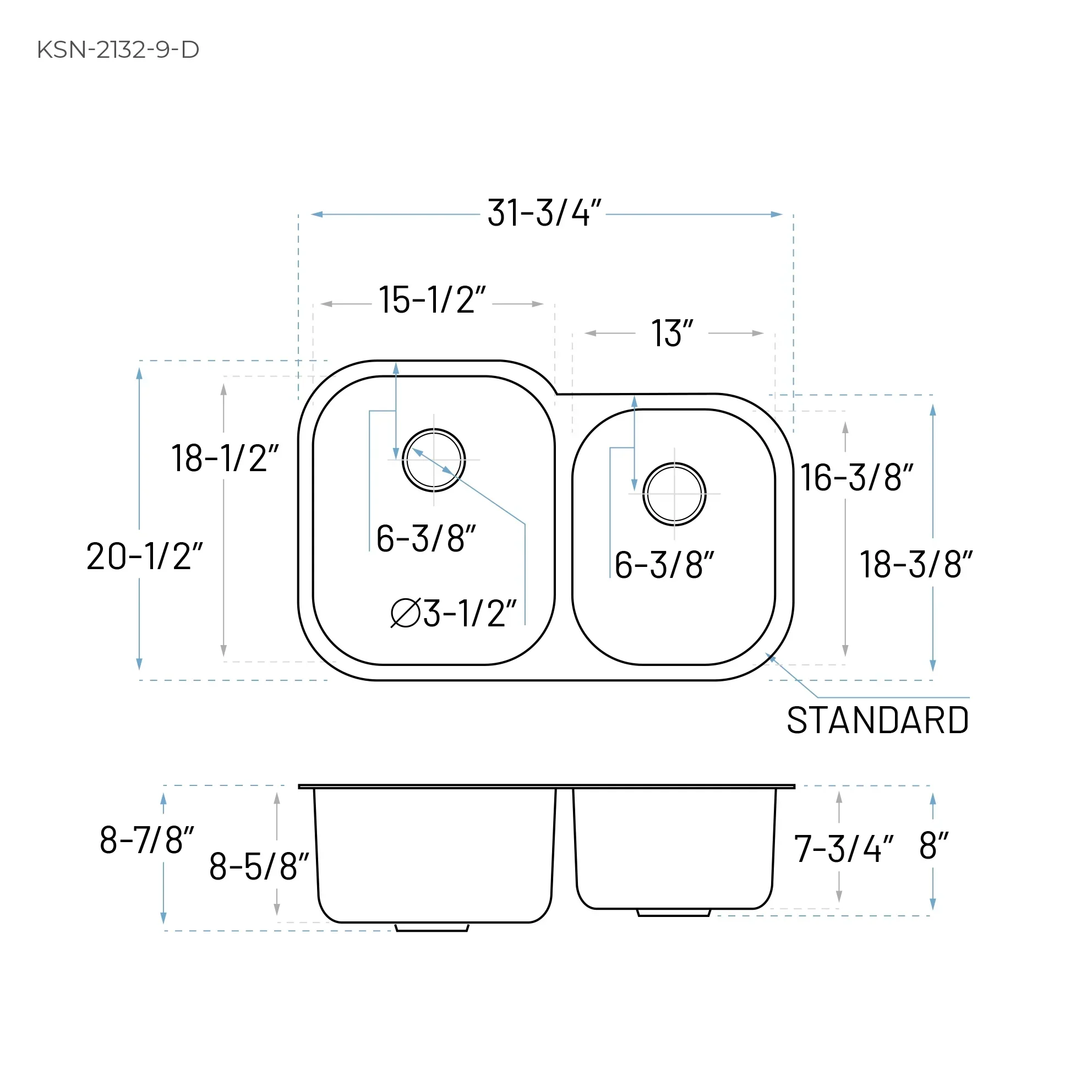 32" Undermount Offset 60/40 Double Bowl Stainless Steel Kitchen Sink, KSN-2132-9-D - Image 6