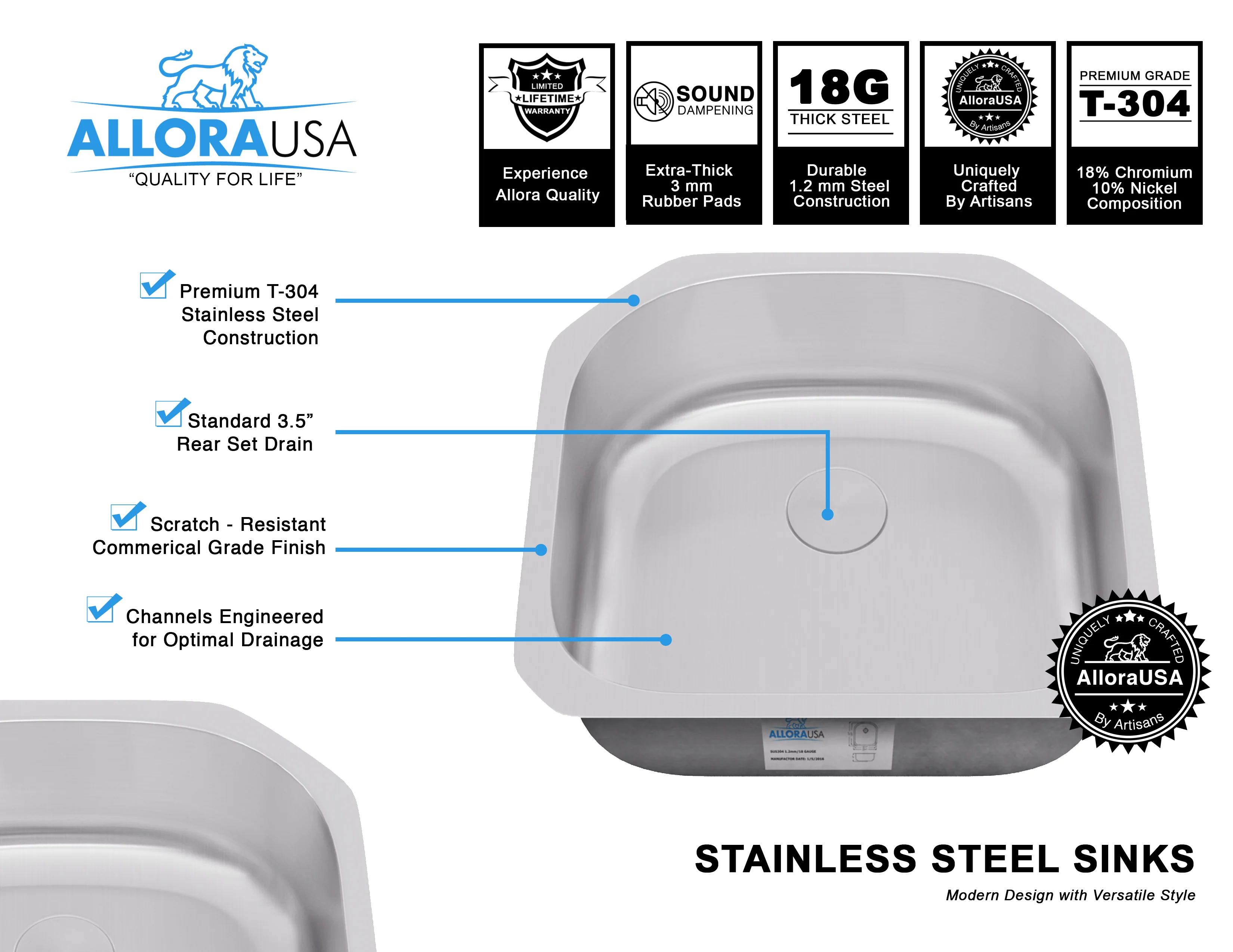 23" Undermount D-Shaped Stainless Steel Single Bowl Kitchen Sink, KSN-2321-9-S - Image 4