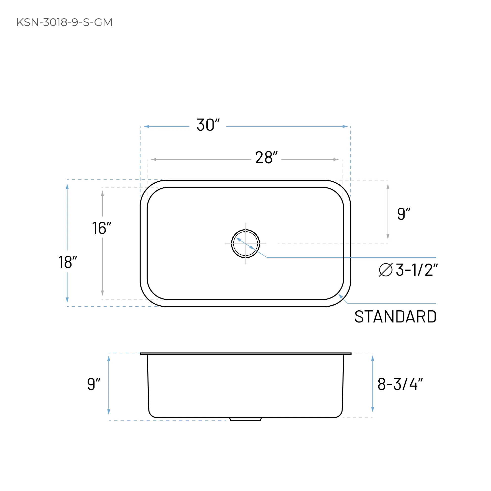 30" Undermount Gunmetal Stainless Steel Single Bowl Kitchen Sink, KSN-3018-9-S-GM - Image 8