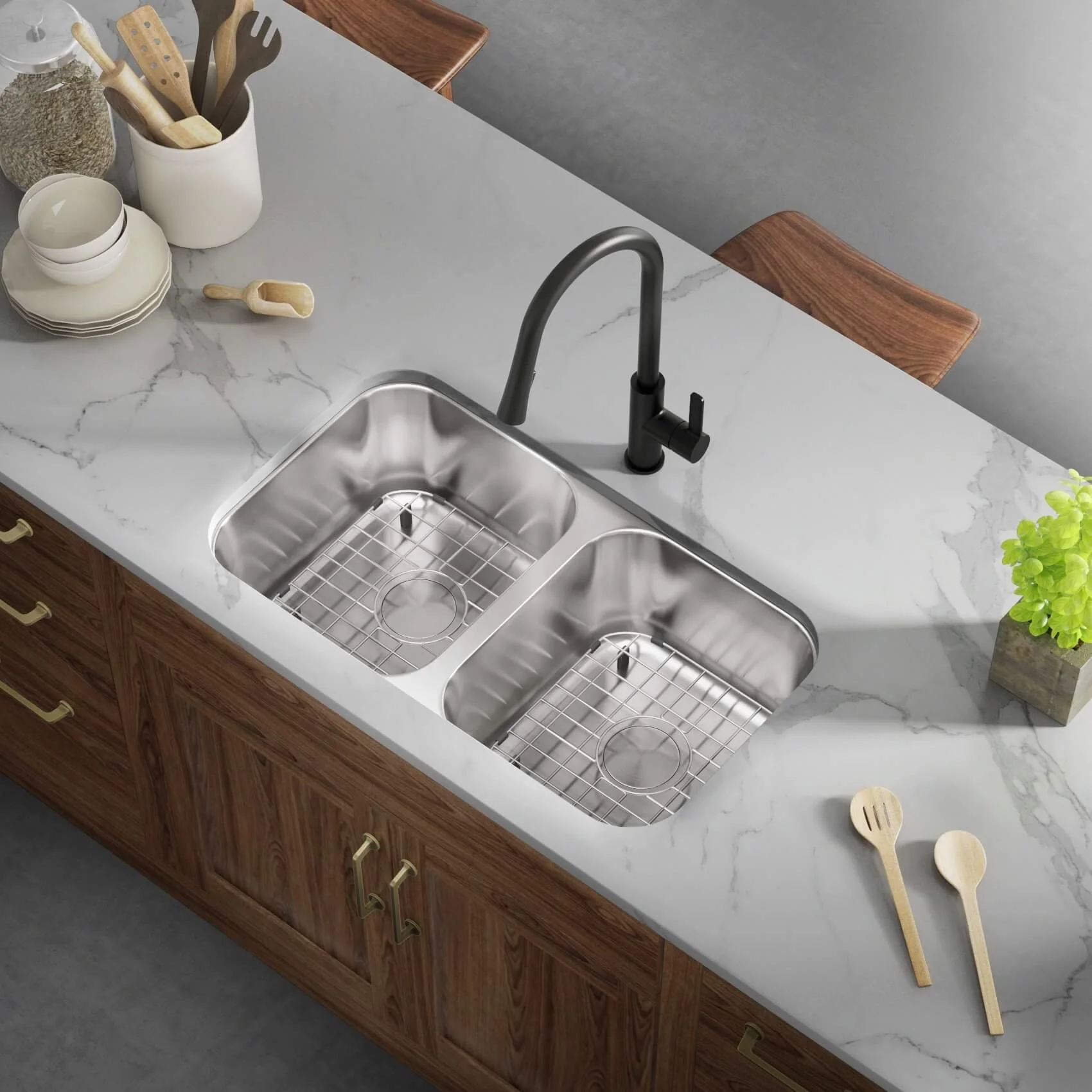 31" Undermount 16-Gauge Double Bowl Stainless Steel Kitchen Sink, KSN-3118-9-D-16 - Image 4