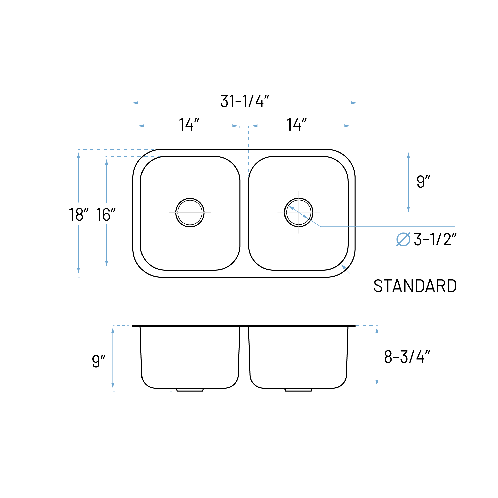 31" Undermount 16-Gauge Double Bowl Stainless Steel Kitchen Sink, KSN-3118-9-D-16 - Image 6