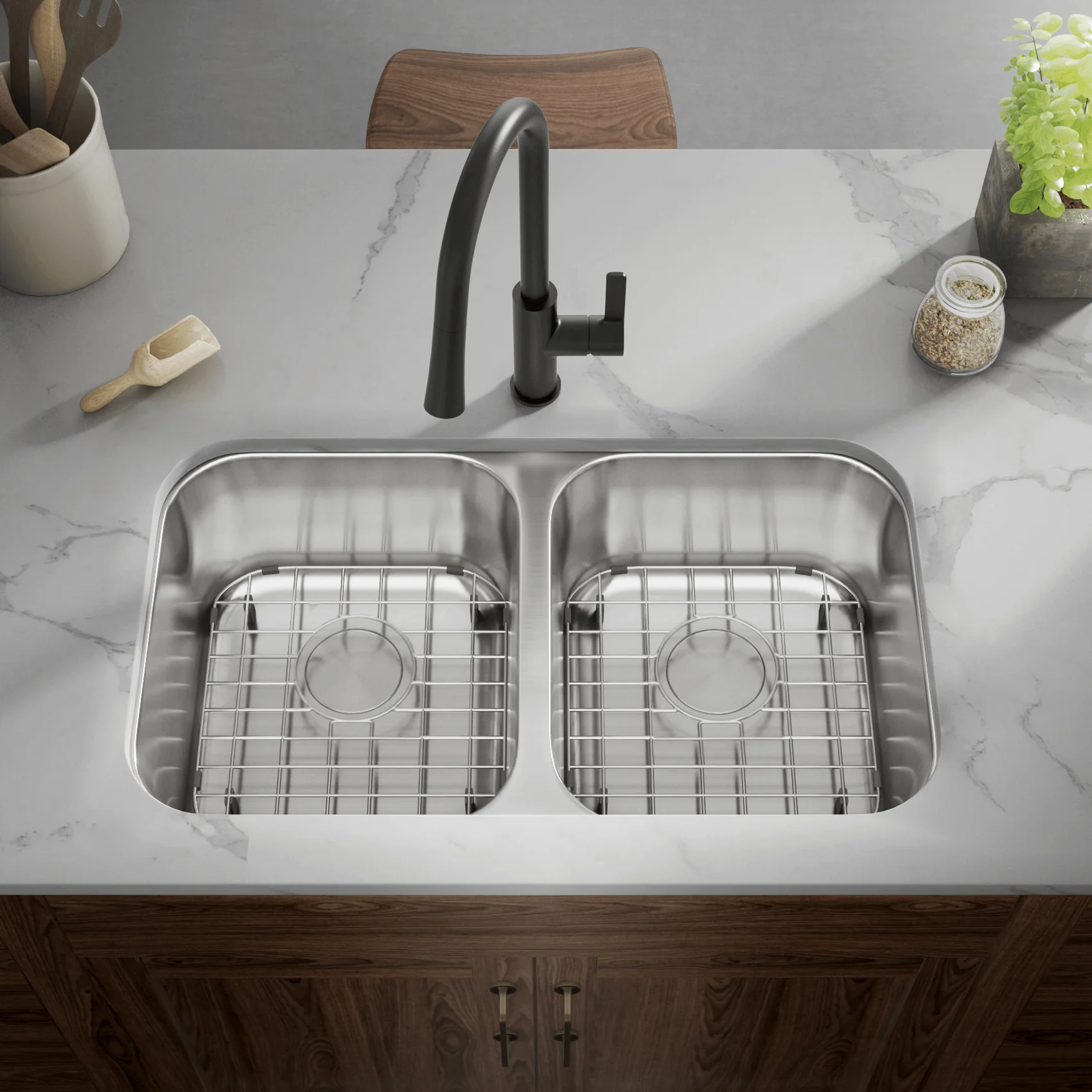 31" Undermount Double Bowl Stainless Steel Kitchen Sink, KSN-3118-9-D - Image 3