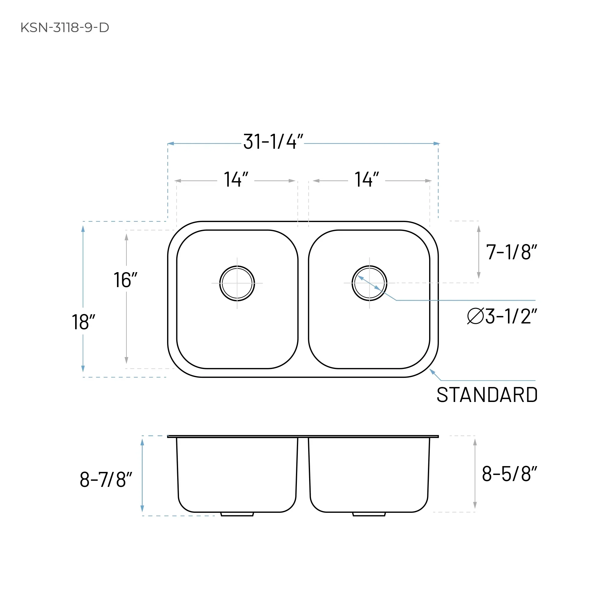 31" Undermount Double Bowl Stainless Steel Kitchen Sink, KSN-3118-9-D - Image 6