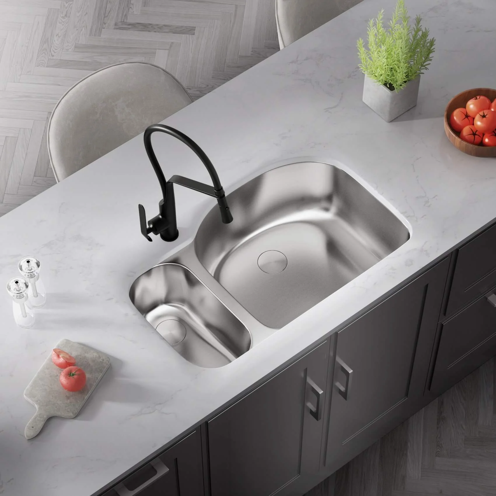 33" Undermount 80/20 Offset Double Bowl Stainless Steel Kitchen Sink, KSN-3321 - Image 3