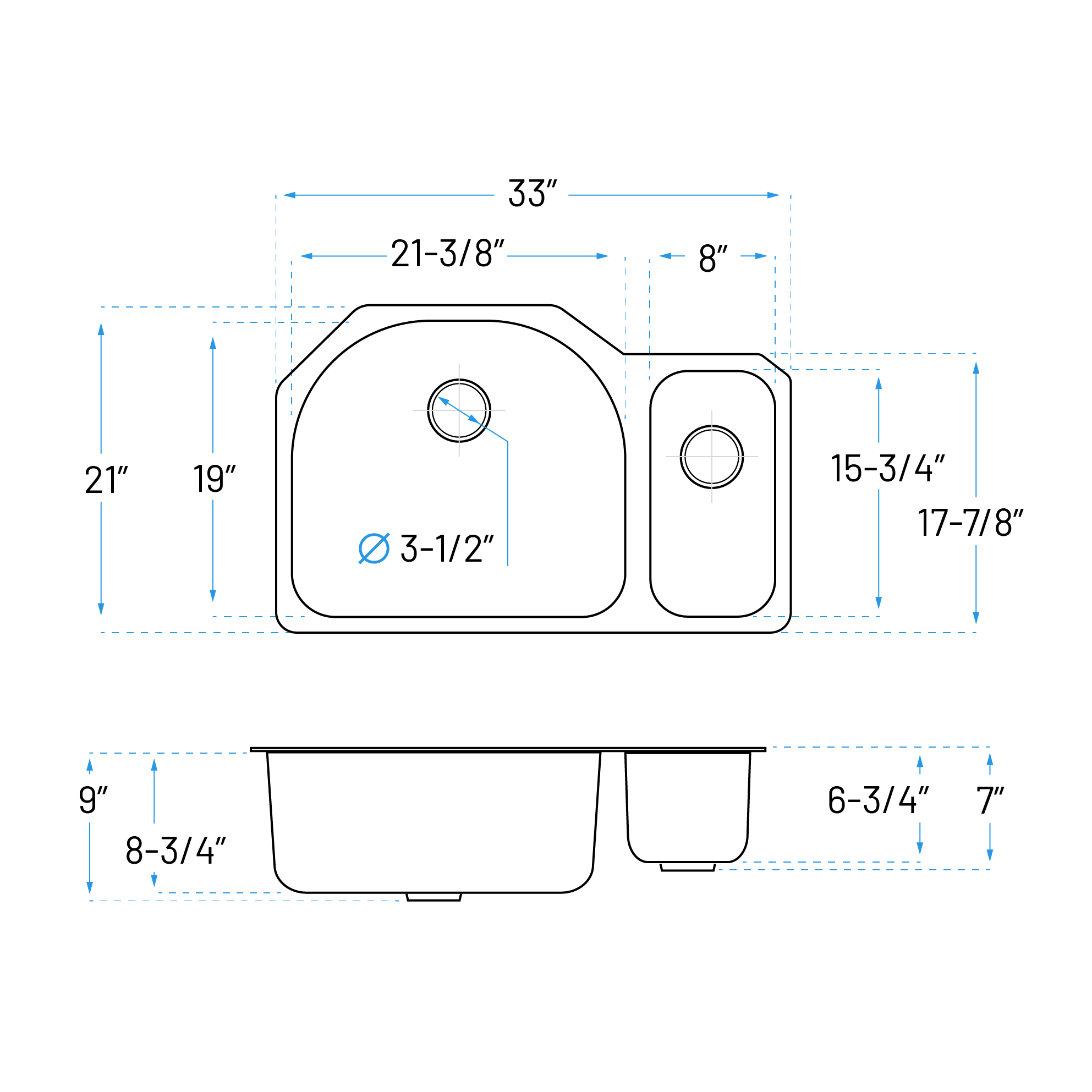 33" Undermount 80/20 Offset Double Bowl Stainless Steel Kitchen Sink, KSN-3321 - Image 5