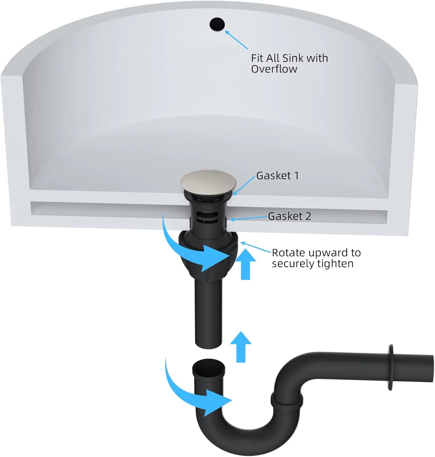 Push and Seal Stainless Steel Pop-Up Bathroom Drain Matte Black, AL5-06-BL - Image 2