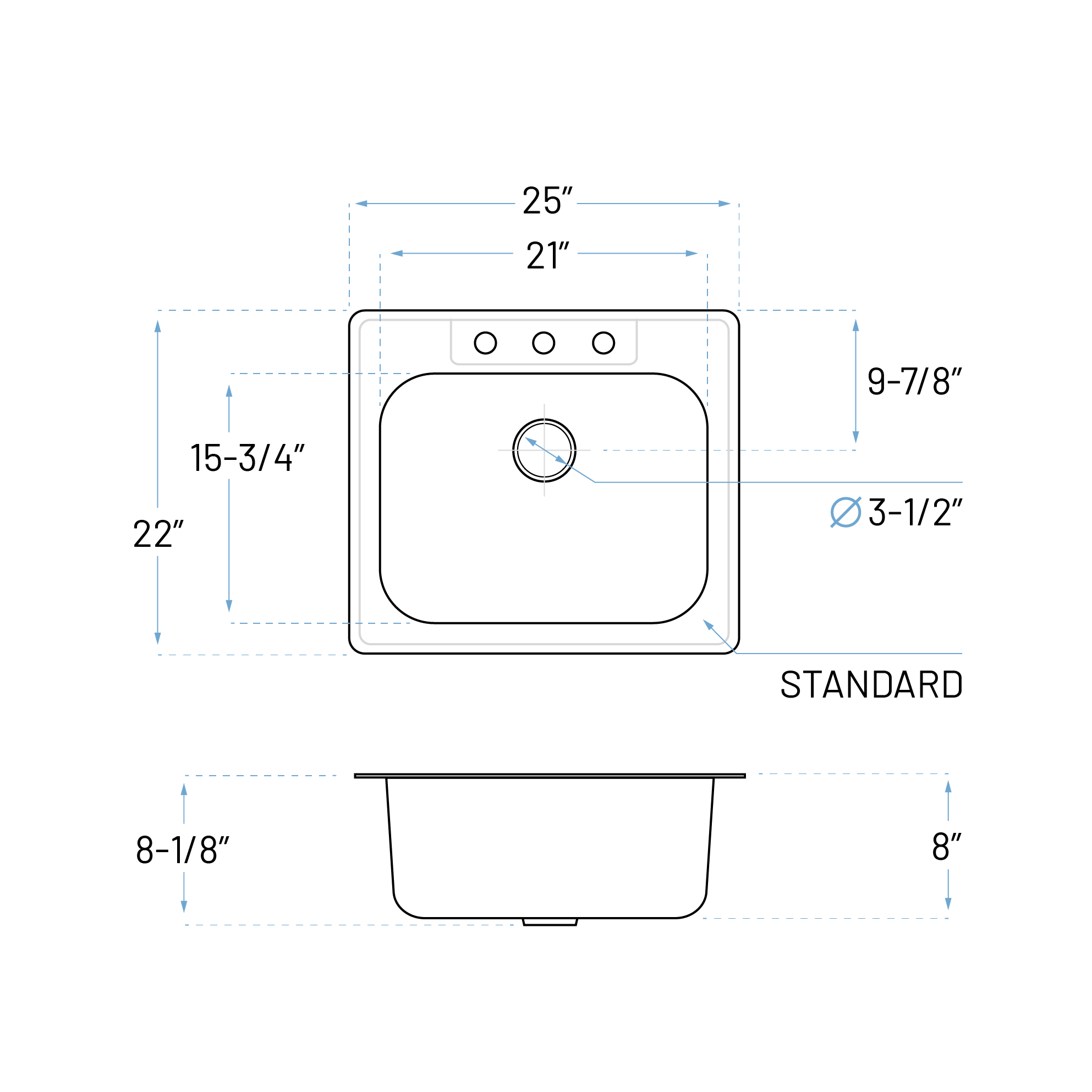 25" Top Mount Stainless Steel 3-Hole Single Bowl Kitchen Sink, TOP-2522-8-S - Image 7