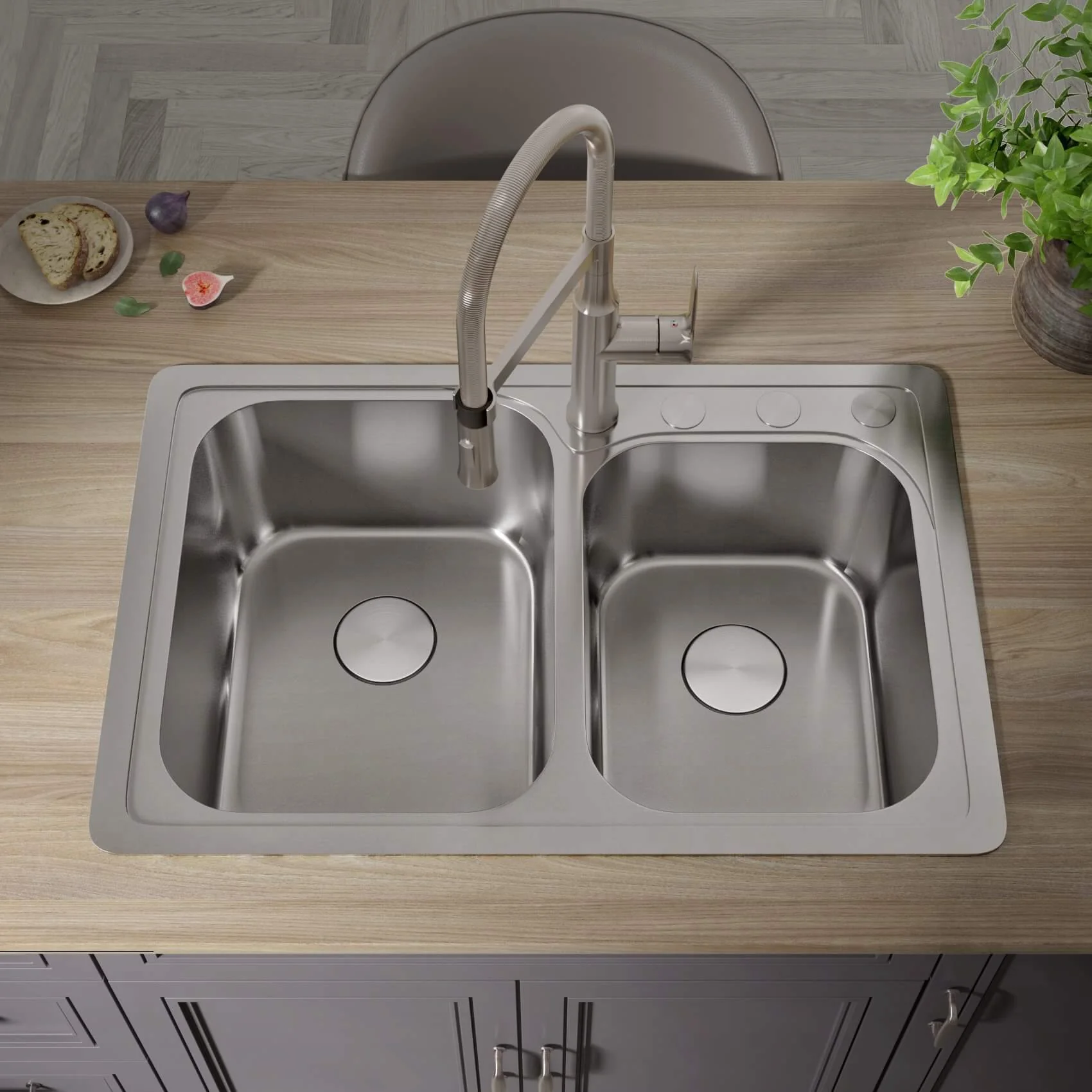 33" Top Mount Offset Double Bowl 4-Hole Stainless Steel Kitchen Sink, TOP-3322-9-D-22G - Image 3