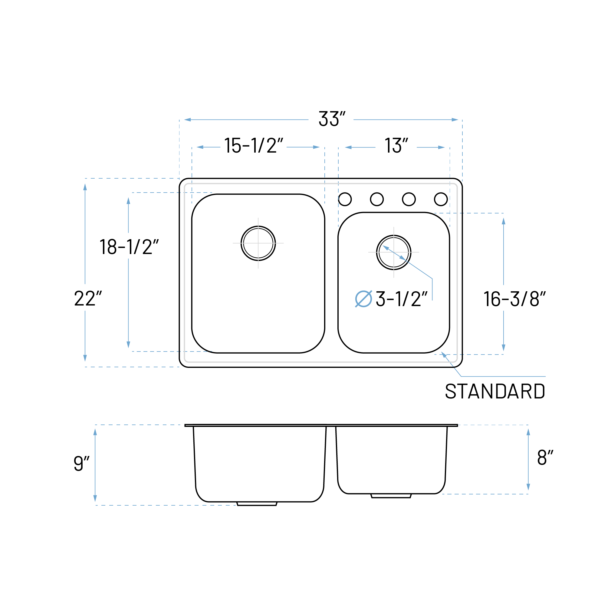 33" Top Mount Offset Double Bowl 4-Hole Stainless Steel Kitchen Sink, TOP-3322-9-D-22G - Image 7